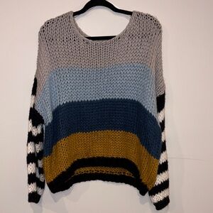FAVLUX Cozy Striped Knit Sweater - Gray, Blue, Mustard